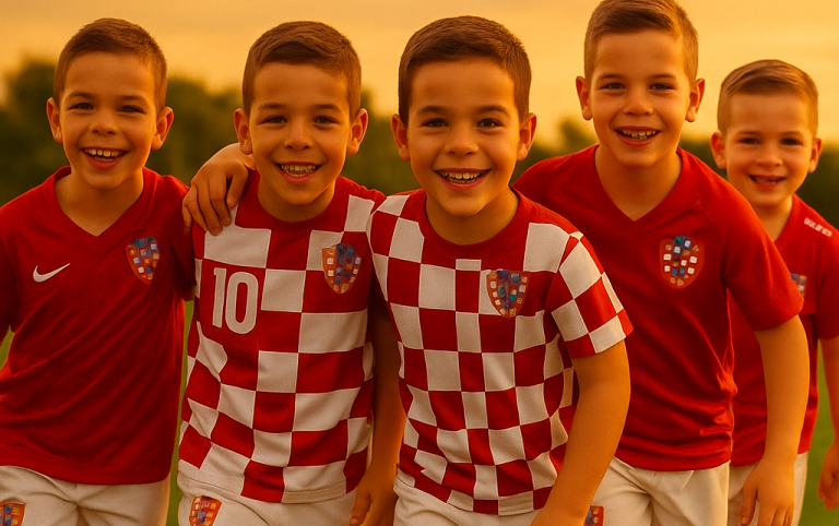 Fünf lächelnde Jungen in rot-weißen Fußballtrikots stehen zusammen.